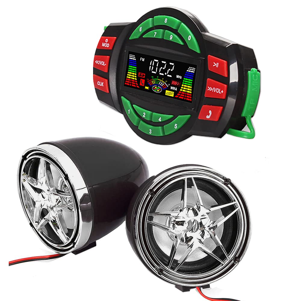 UTV ATV Bluetooth Amplifier Sound System Hand-Free Speakers FM USB Audio System Stereo 3 Inch Speakers 12V Motorcycle Waterproof Audio FM Radio Stereo Speaker (Chrome&amp;Black Star Speaker)