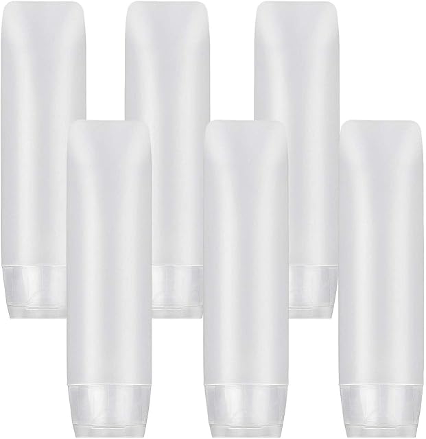 JamHooDirect 6Pcs 30ml Clear Plastic Empty Travel Bottles with Flip Cap, Transparent Refillable Cosmetic Containers Squeezable Tubes Includes 12 Stickers for Shampoo, Conditioner, Lotion, Toiletries