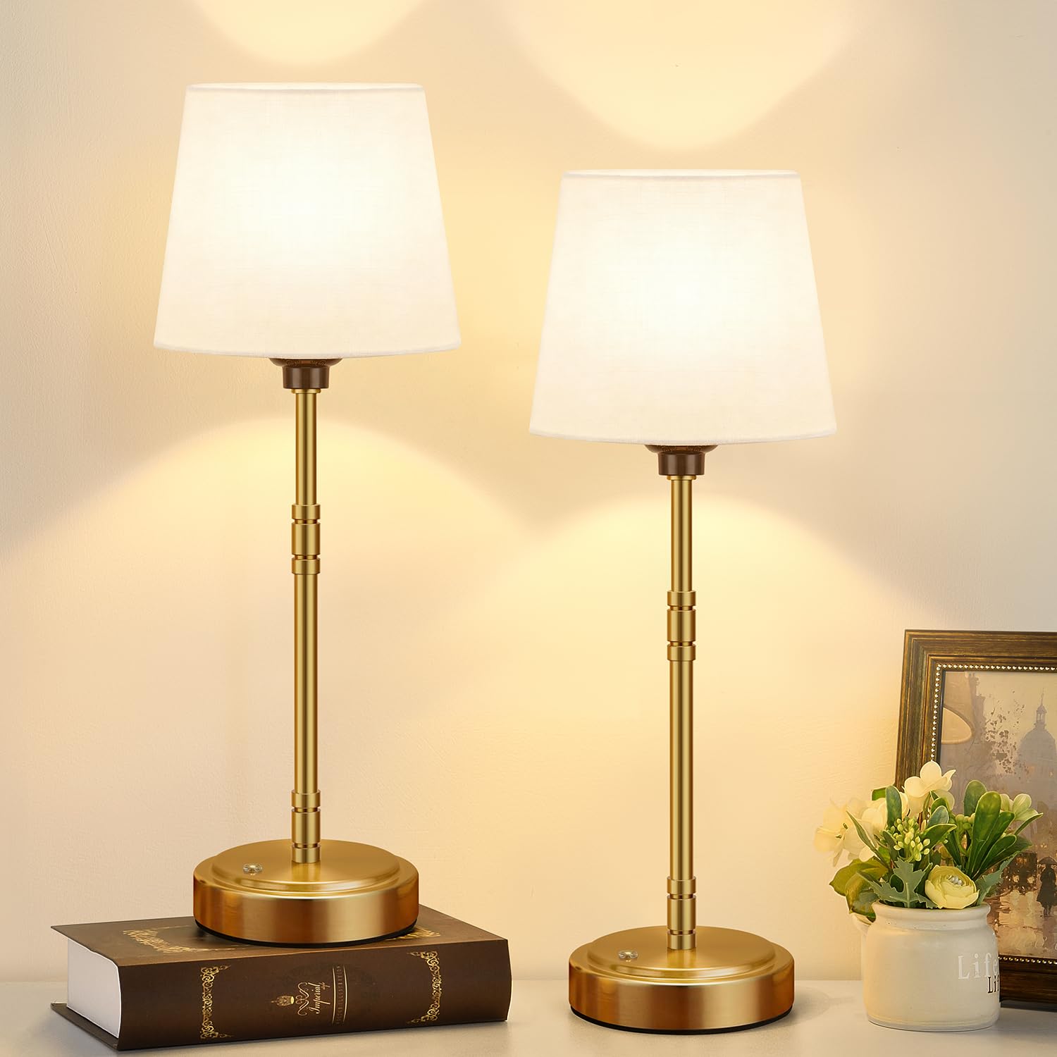 Cordless Table Lamps Set of 2 Battery Operated Lamp with 7500mAh Rechargeable Battery Stepless Dimmable Vintage Brushed Gold