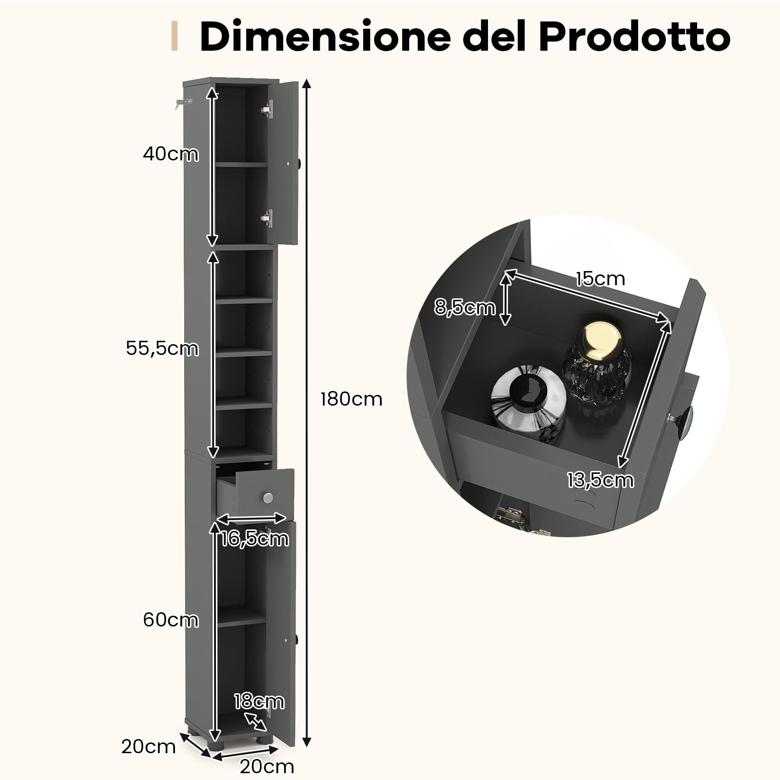 COSTWAY Mobile Bagno Alto Stretto, Mobiletto Colonna Salvaspazio con 1 Cassetto, 5 Ripiani Regolabili e Struttura Antiscivolo, Mobile a Terra per Ingresso, 20 x 20 x 180 cm (4 Ripiani, Grigio)