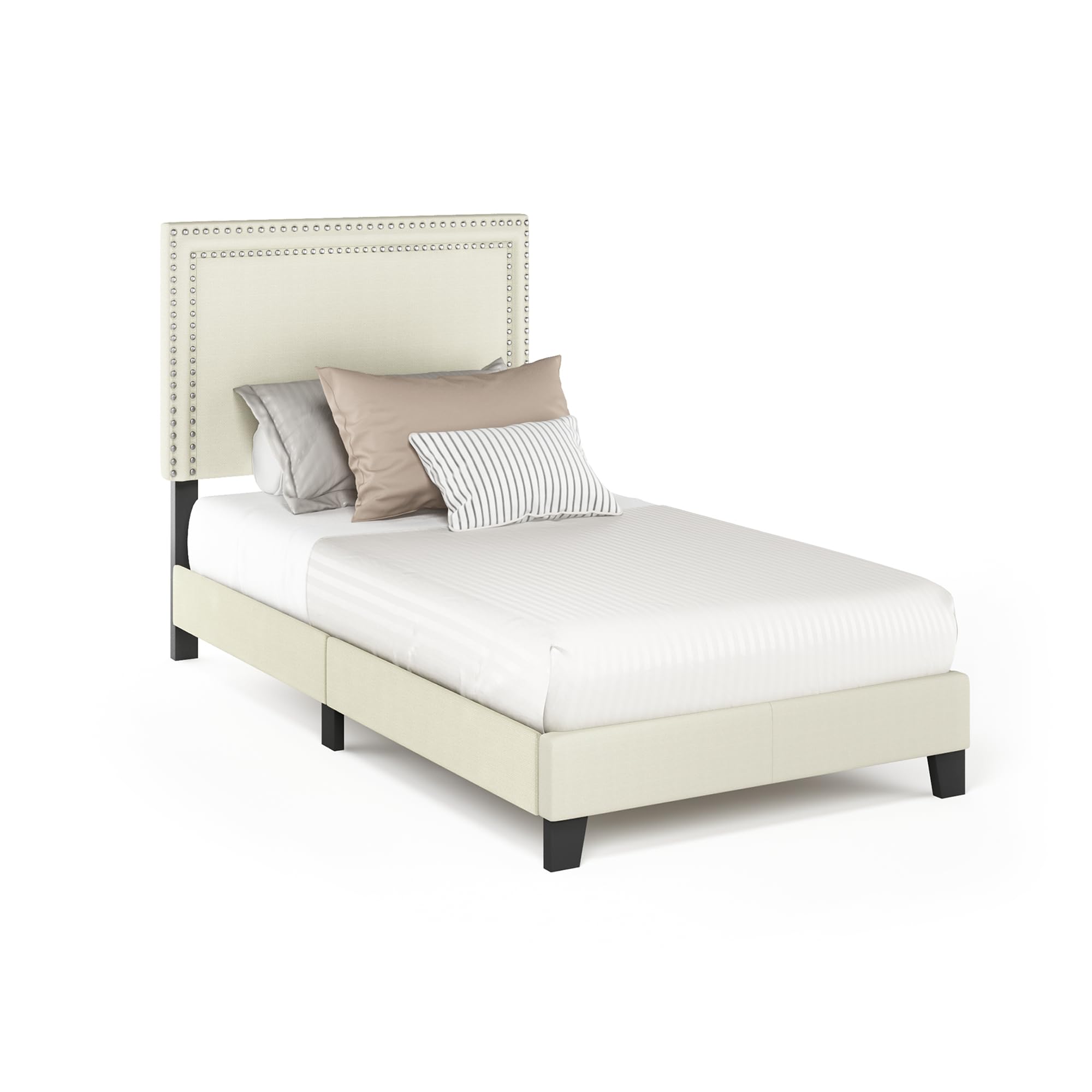 Furinno Laval Double Row Nail Head 12PC Slat Style Bed Frame, Twin, Linen