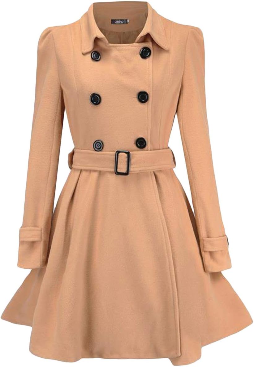 Sexyshine Women's Winter Double Breasted Dress Coats Winter Trench Jacket with Belt A-Line Mid Long Slim Flared Swing Peacoat