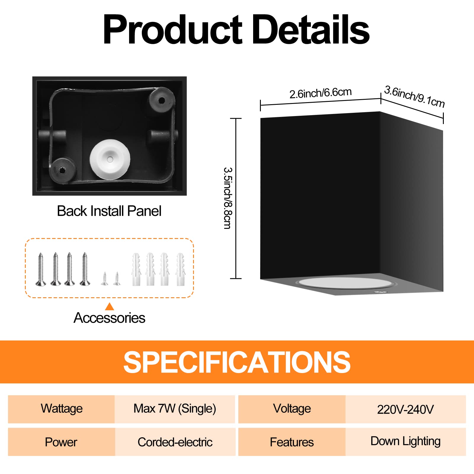 FUDESY 2-Pack Outdoor Wall Lights Square, Down Outside Lights IP44 Waterproof Max 7W GU10 Exterior Wall Sconce - Image 2
