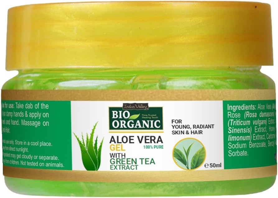 INDUS VALLEY Bio Organic Pure Multipurpose Aloe Vera Gel With Green Tea Extract For Face, Body & Hair,For Glowing & Soothing Skin, Anti-Ageing & Acne, Suitable to All Skin Type - 50ml