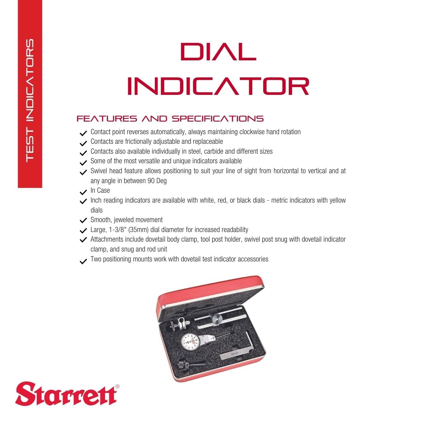 Starrett 811-5CZ- Indicador de prueba con cabezal giratorio con accesorios, esfera blanca, lectura de 0 – 15 – 0, rango de 0 – 0,03 pulgadas, graduación de 0,0005 pulgadas, precisión de +/-0,0005 pulgadas