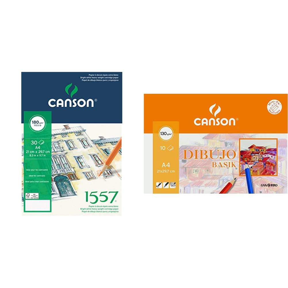 Canson Bloc Encolado, A4, 30 Hojas, JA 1557, Grano Fino 180g + k A4, 10 Hojas, Guarro Dibujo Basik Liso 130g