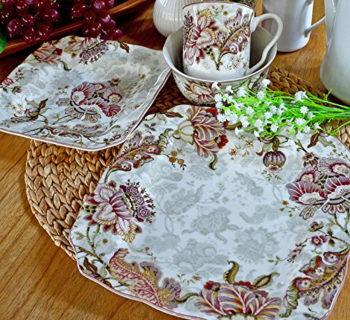 Amazon.com | 222 Fifth Gabrielle 16 Piece Porcelain Dinnerware Set with  Square Plates: Service for 4, Cream/Floral: Dinnerware Sets