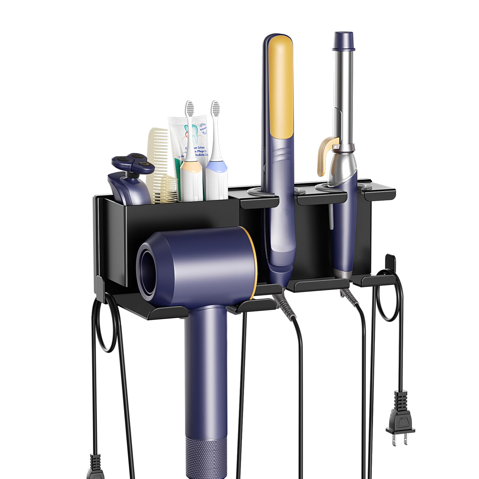 ZDDLOINP Hair Dryer Holder Wall Mounted, Adhesive Hair Tools Organizer with Storage Basket for Curling Iron&Straightener Holder, Metal Hairdryer Holder for Bathroom, Salon Black