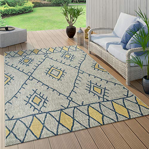 Paco Home In- & Outdoor Teppich Flachgewebe Geometrisch Abstrakt Rauten Design Ethno Blau, Grösse:160x220 cm