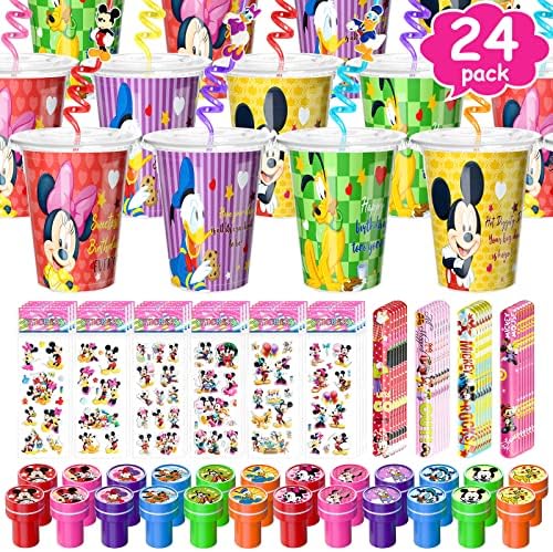 AFZMON Mouse Party Favors Goodie Cups for Kids Aged 4-12, with Mickey Reusable Straws Stampers Stickers Slap Bracelets, Carnival Prizes, Pinata Goodie Bag Fillers, Stocking Stuffers for Minnie Birthday Party Supplies 24 Guests