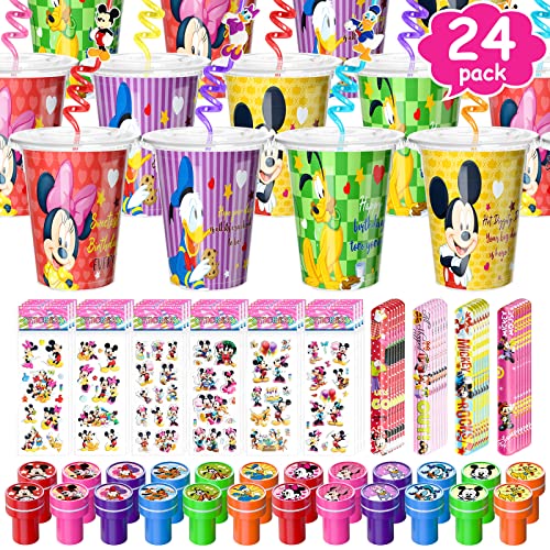 Afzmon Mouse Party Favors Goodie Cups For Kids Aged 4-12, With Mickey Reusable Straws Stampers Stickers Slap Bracelets, Carnival Prizes, Pinata Goodie Bag Fillers, Stocking Stuffers For Minnie Birthday Party Supplies 24 Guests #TOP14