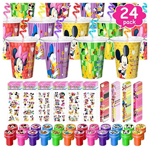 AFZMON Mouse Party Favors Goodie Cups for Kids Aged 4-12, with Mickey Reusable Straws Stampers Stickers Slap Bracelets, Carnival Prizes, Pinata Goodie Bag Fillers, Stocking Stuffers for Minnie Birthday Party Supplies 24 Guests