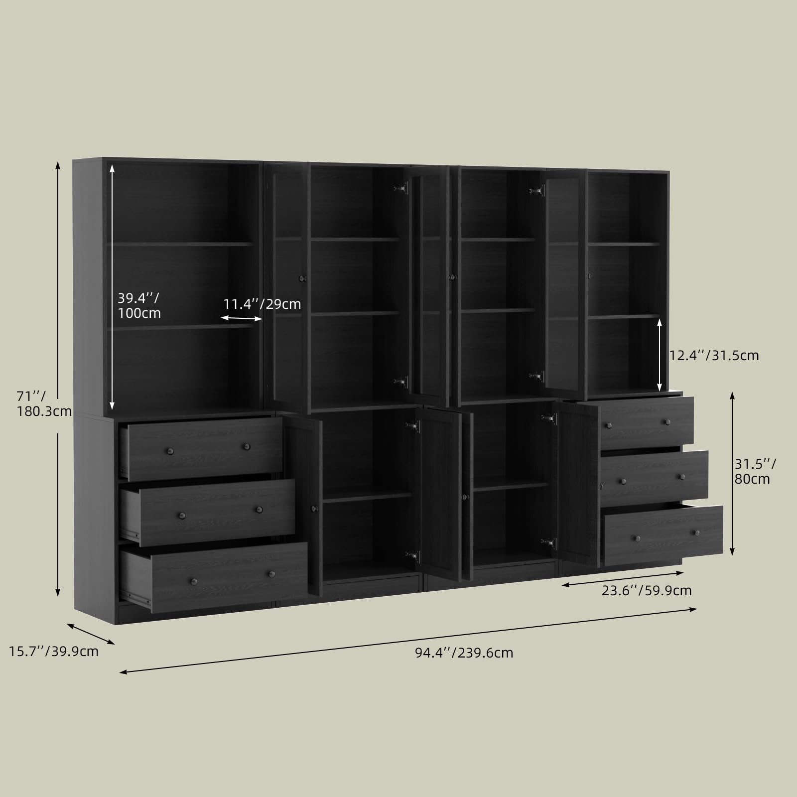VOWNER 5-stöckiges Bücherregal mit Glastüren, 180 cm Vitrinenschrank, Küchenschränke, Küchenschrank Hochschrank, Buffetschrank für Küche, Wohnzimmer, Esszimmer, 4PCS (Schwarz)