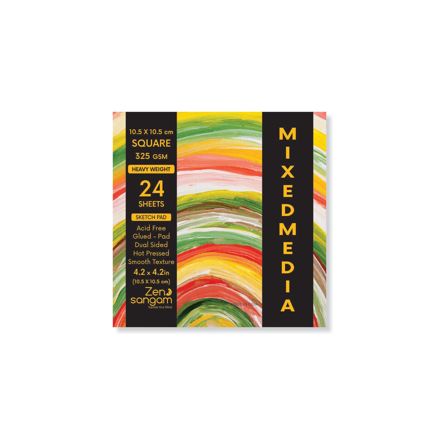 Zen Sangam Artists’ Square Heavy Weight Mixed Media Glued Sketch Paper Pad - 325GSM, Hot Pressed - 24 Sheets - Smooth Texture Surface (10.5x10.5cm) Heavy-body Paints,Calligraphy and BrushPen Lettering