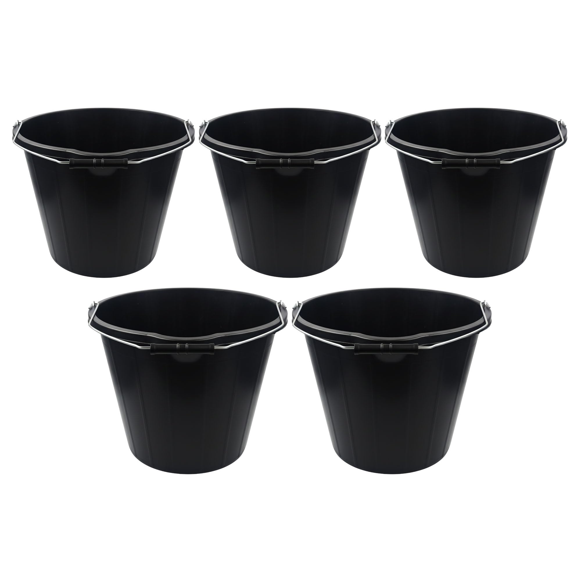 Tdbs The Dustpan And Brush Store Pack Of 5 Black Builders Bucket - Sturdy Plastic Buckets With Metal Handles - Black Car Wash Bucket With Spout For Mixing Cement, Cleaning, Car Wash, Gardening, Tools, Etc (Pack Of 5)