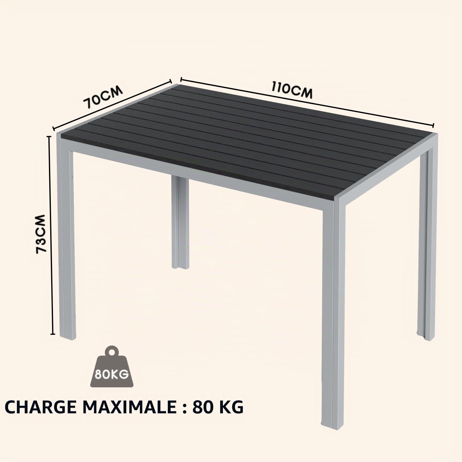 Clevich Table de Jardin résistante aux intempéries, 110 x 70 cm, Table de Salle à Manger d'extérieur, Table de Balcon WPC, Cadre en Aluminium, Meubles de Jardin résistants aux intempéries, Table de