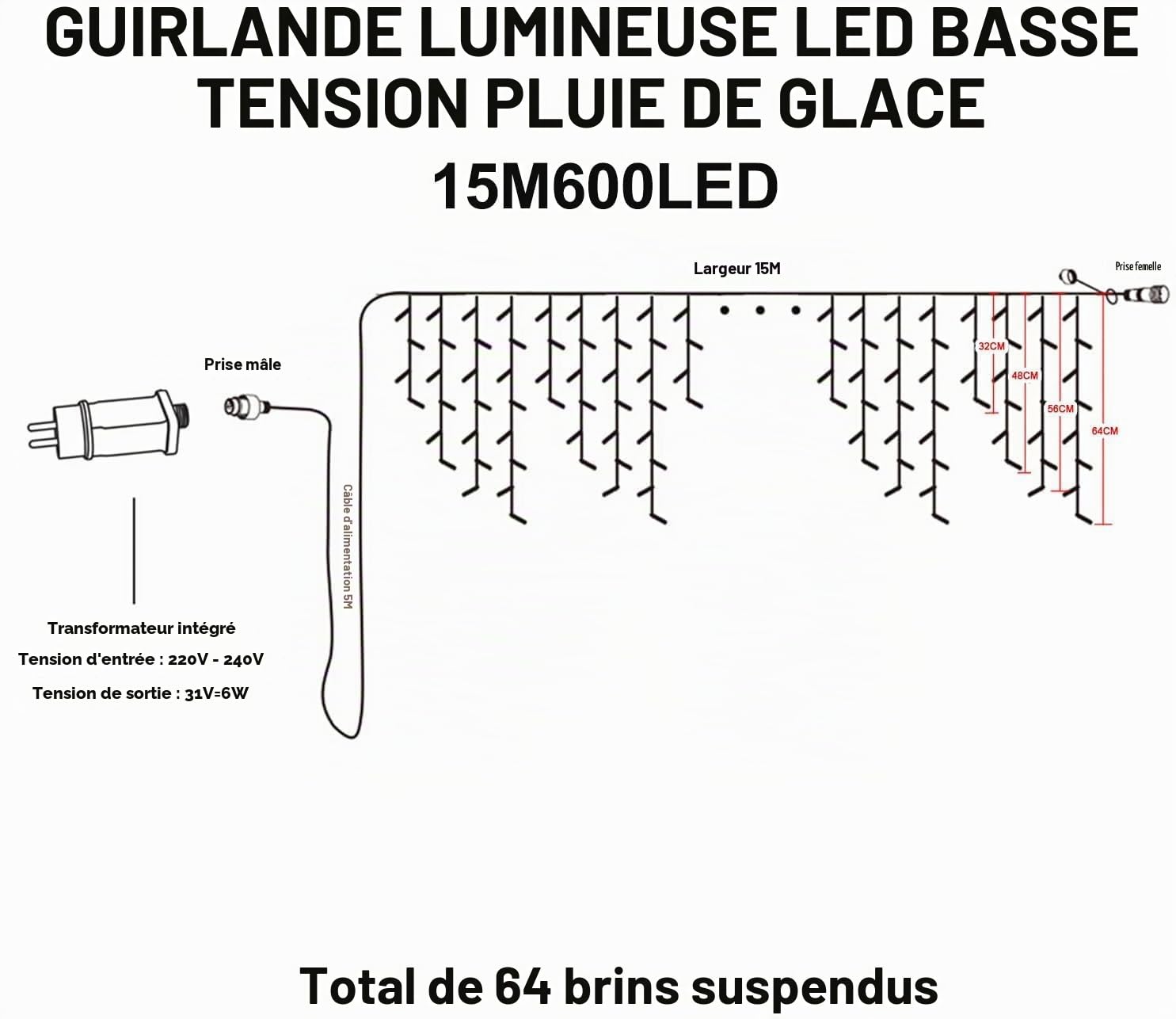 Rideau Lumineux Noel Exterieur,ELEUTH 15M 600 LED Guirlande Lumineuse 8 Modes & Etanche IP44 Cascade Lumineuse LED Noël Rideau Lumineux Décoration pour Fenêtre,Noël,Mariage, Anniversaire,Maison,Patio
