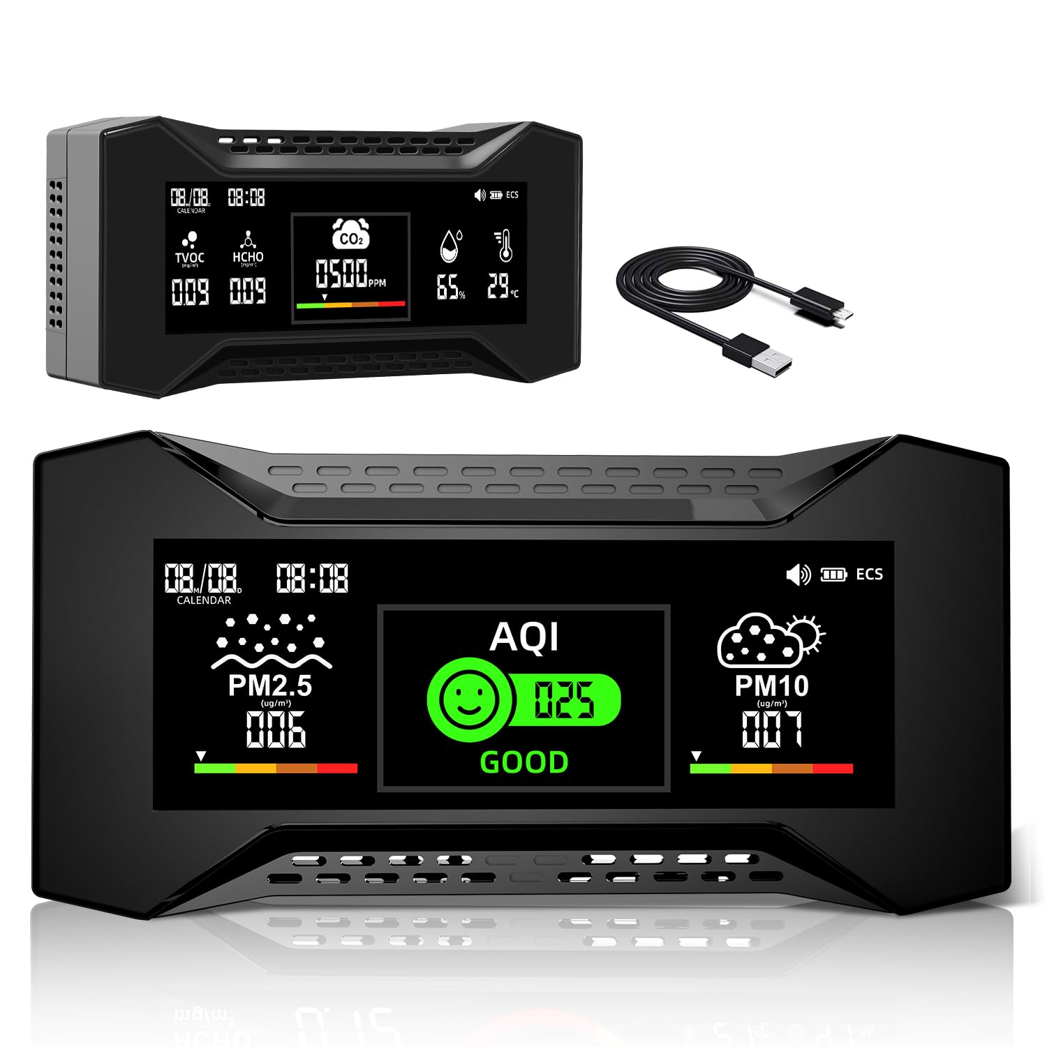 CF-20 monitor della qualità dell'aria 10 in 1 è un misuratore di alta precisione PM2.5 PM10 CO2 HCHO TVOC con 6 indicatori visivi AQI, display a doppia pagina, ricaricabile per casa e ufficio (1 PCS)