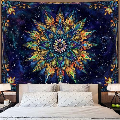 Fowocu Boho Floral Mandala Tapestry for Bedroom Aesthetic Blue Bohemian