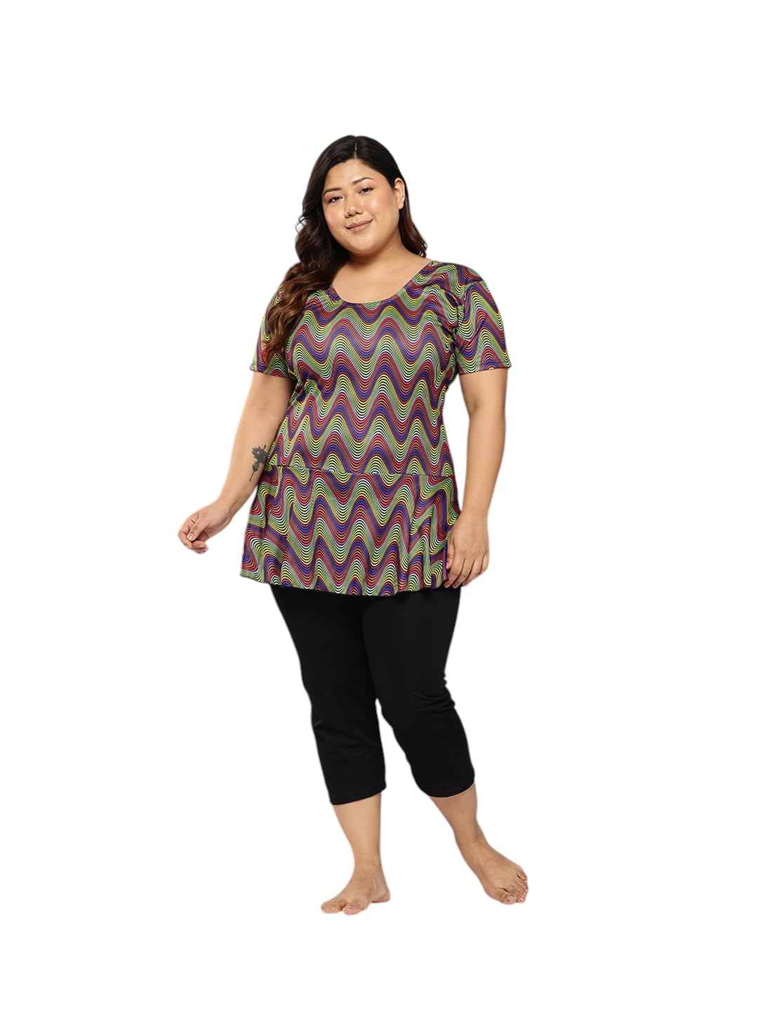 Womens Sports Wear Green-Black Colour Abstract Print Nylon Plus Size Swim Suit