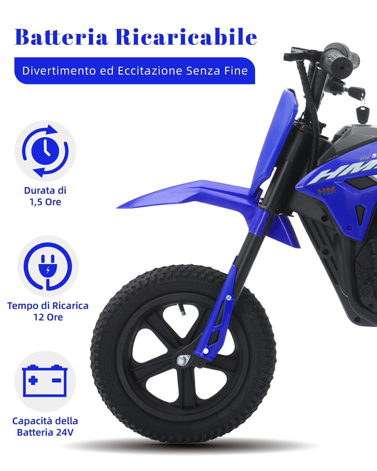 TCARAIWEN Dirt Bike Elettrica per Bambini, Moto Elettrica 24V per Bambini dai 6 Anni in Su, Pneumatici Off-Road e Ammortizzatore con Freno a Tamburo, Giocattolo Cavalcabile fino a 18 km/h (blu)