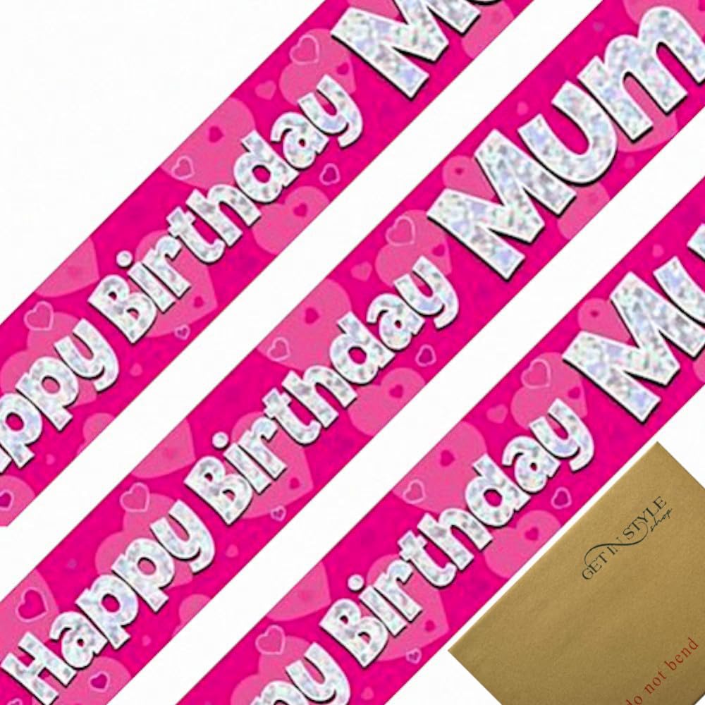 9ft Holographic Banner Happy Birthday Mum, Pink Foil Pennant (274cm)