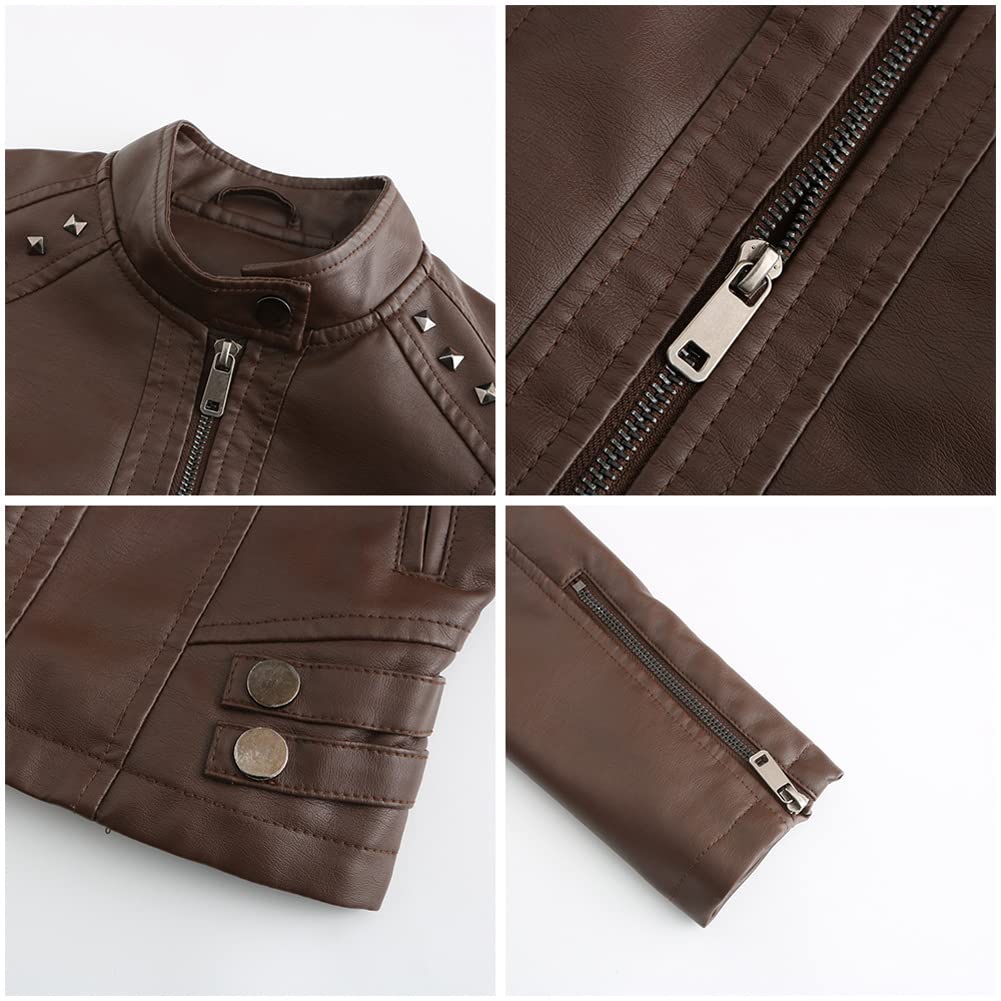 Giacca corta da donna in pelle PU manica lunga top donna sottile stand collare moda giacca. marrone-L