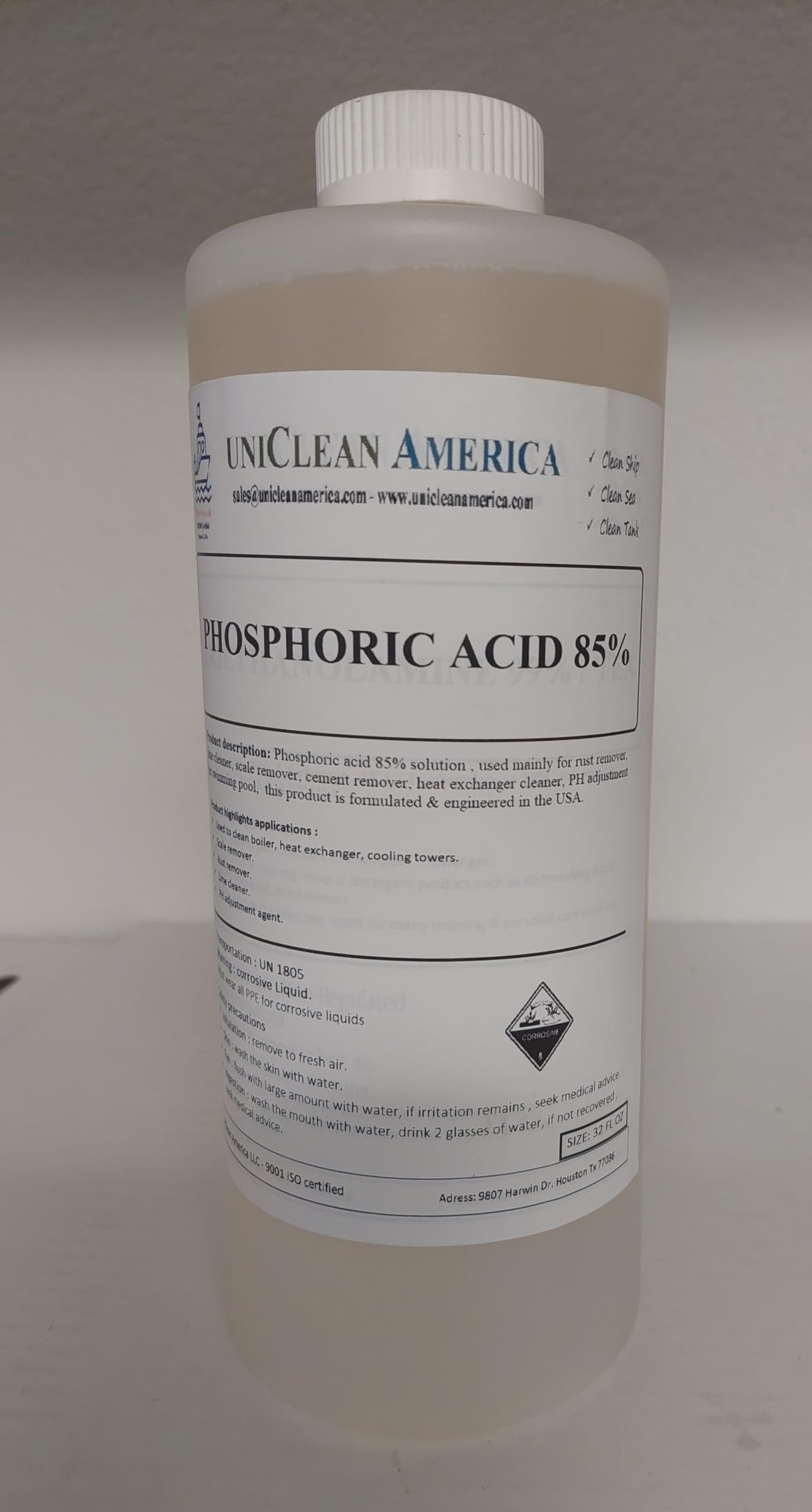 Phosphoric Acid 85% I H3PO4 85% Solution I for All Acid Cleaning I Rust Remover I LimeRemover I Scale Remover I Safe to Used on Most Metals - Made in USA - Size: 64 (2x32) fl lz