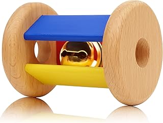MEYOR Baby Rattle & Tummy Time Toy for Babies, Montessori Wooden Rattle Rolling Drum Toy, Crawling Toy for Newborn Brain Development & Fun Playtime