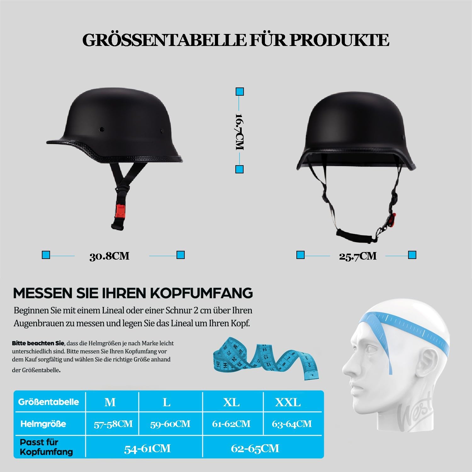 Vintage Deutsche Motorrad Halbschalenhelm, ECE-Zertifizierung Half Öffnen Jethelm für Bike Cruiser Chopper Moped Scooter ATV Männer und Frauen, Matte Black