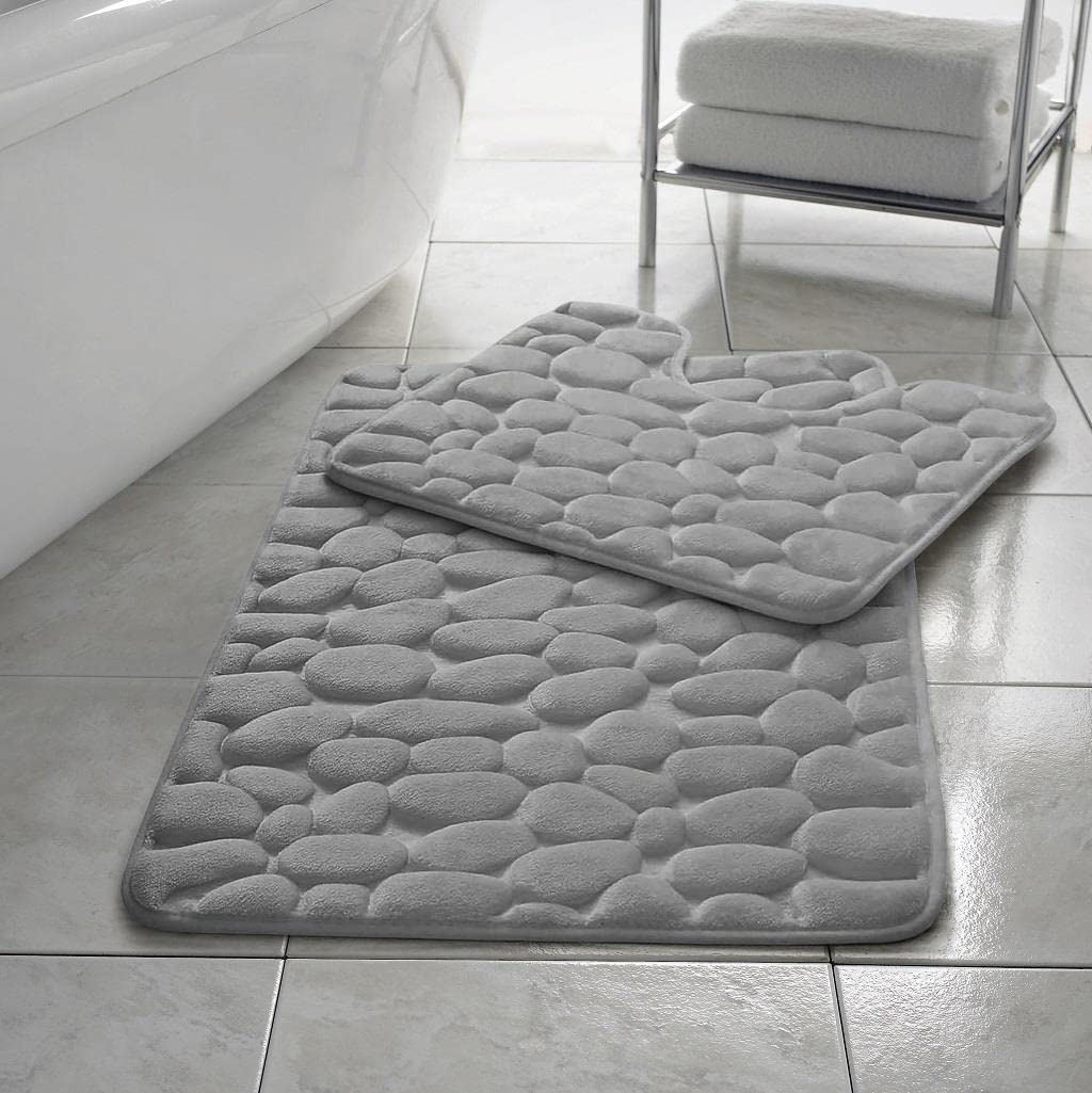 Homespace Direct Pebbles Non- Slip Memory Foam Bath Mat / Toilet Mat Set Pebbles Non- Slip Silver