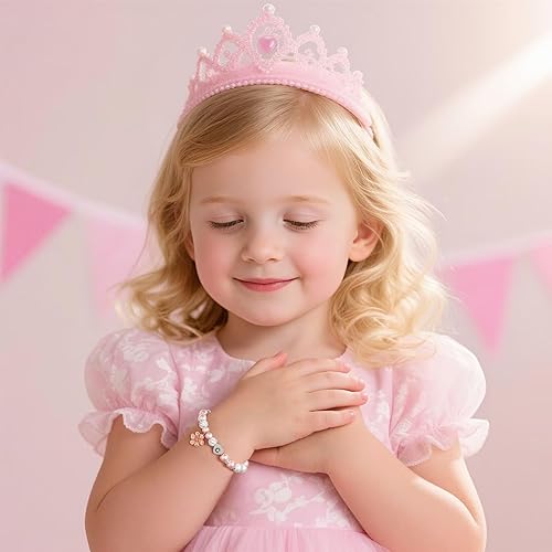 Miniatura 3 de MONOOC Pulseras con iniciales de cuentas, regalos para niñas, pulsera ajustable de perlas rosas y bolas de diamantes de imitación, pulseras con dije
