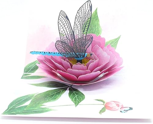 Miniatura 2 de Juego de 2 tarjetas desplegables de libélula, tarjetas emergentes 3D de feliz cumpleaños, tarjeta desplegable 3D de libélula y loto o peonía,