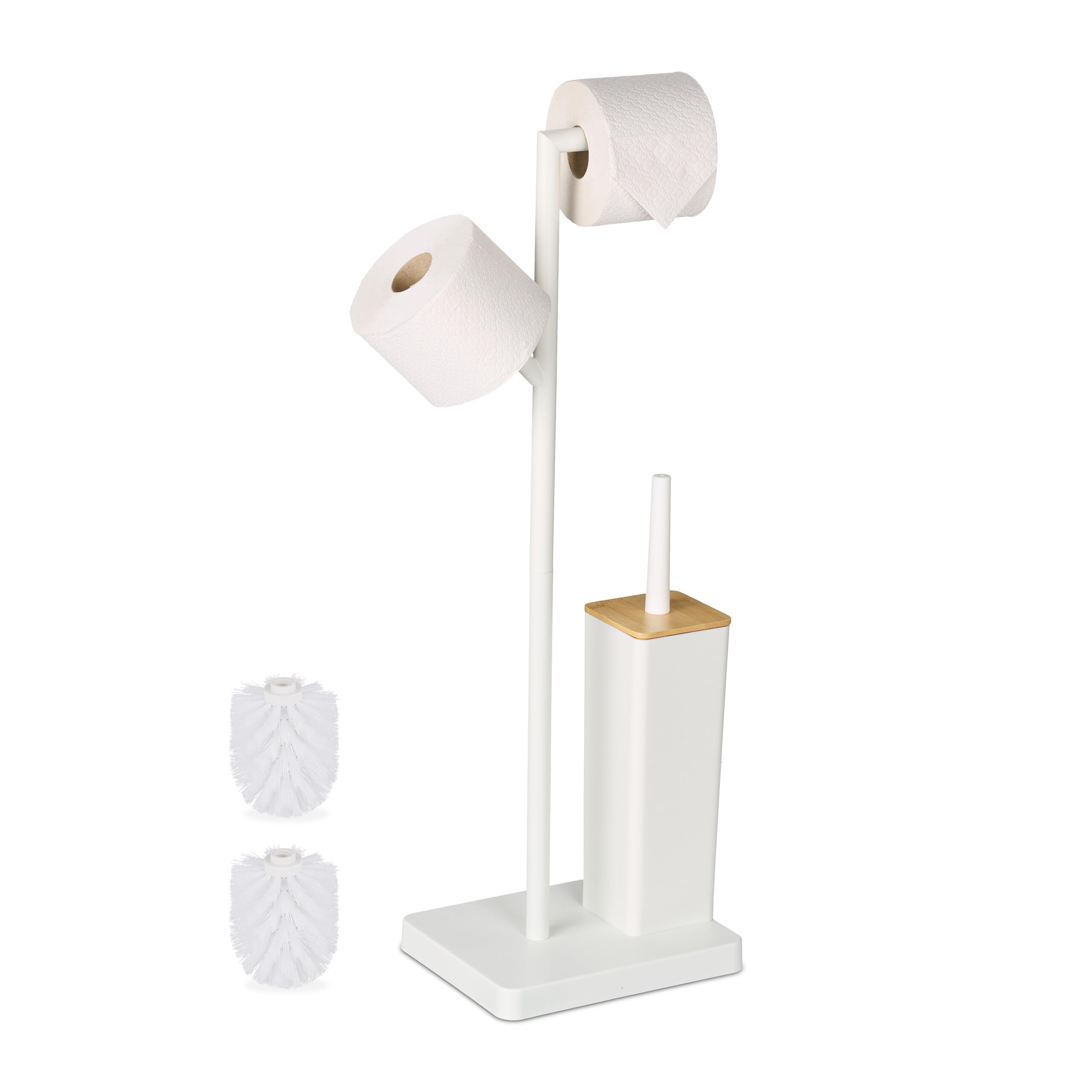 Relaxdays Piantana Portarotolo e Scopino, Portascopino Bagno, Porta Rotolo Carta Igienica di Scorta 71x23x18 cm, Bianco