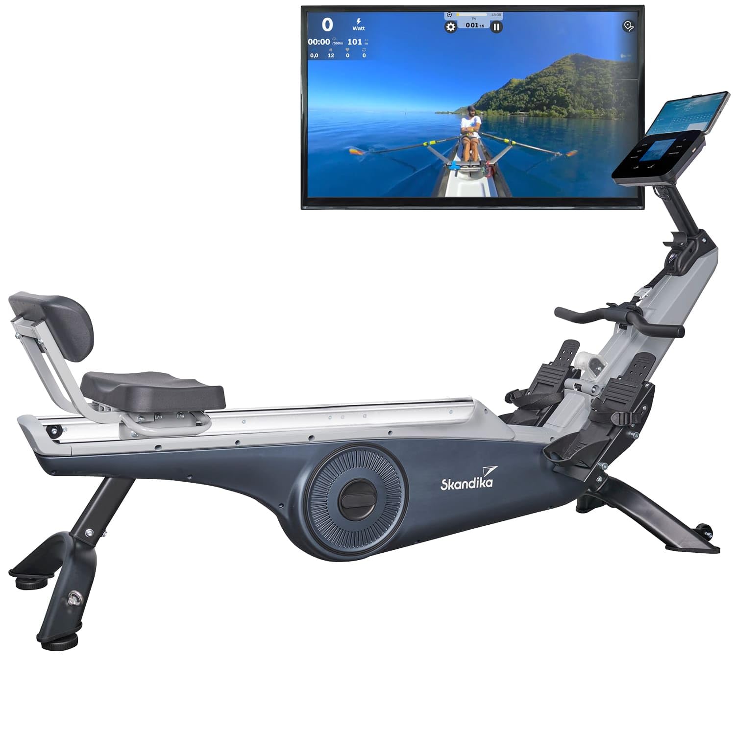 Skandika Rudergerät für Zuhause Freki, 24 Widerstandsstufen,19 Trainingsprogramme, 12kg Schwungmasse, Magnetwiderstand, Studio-Qualität, LCD-Display, Kinomap, aufstellbar, wartungsarm Bis 135kg