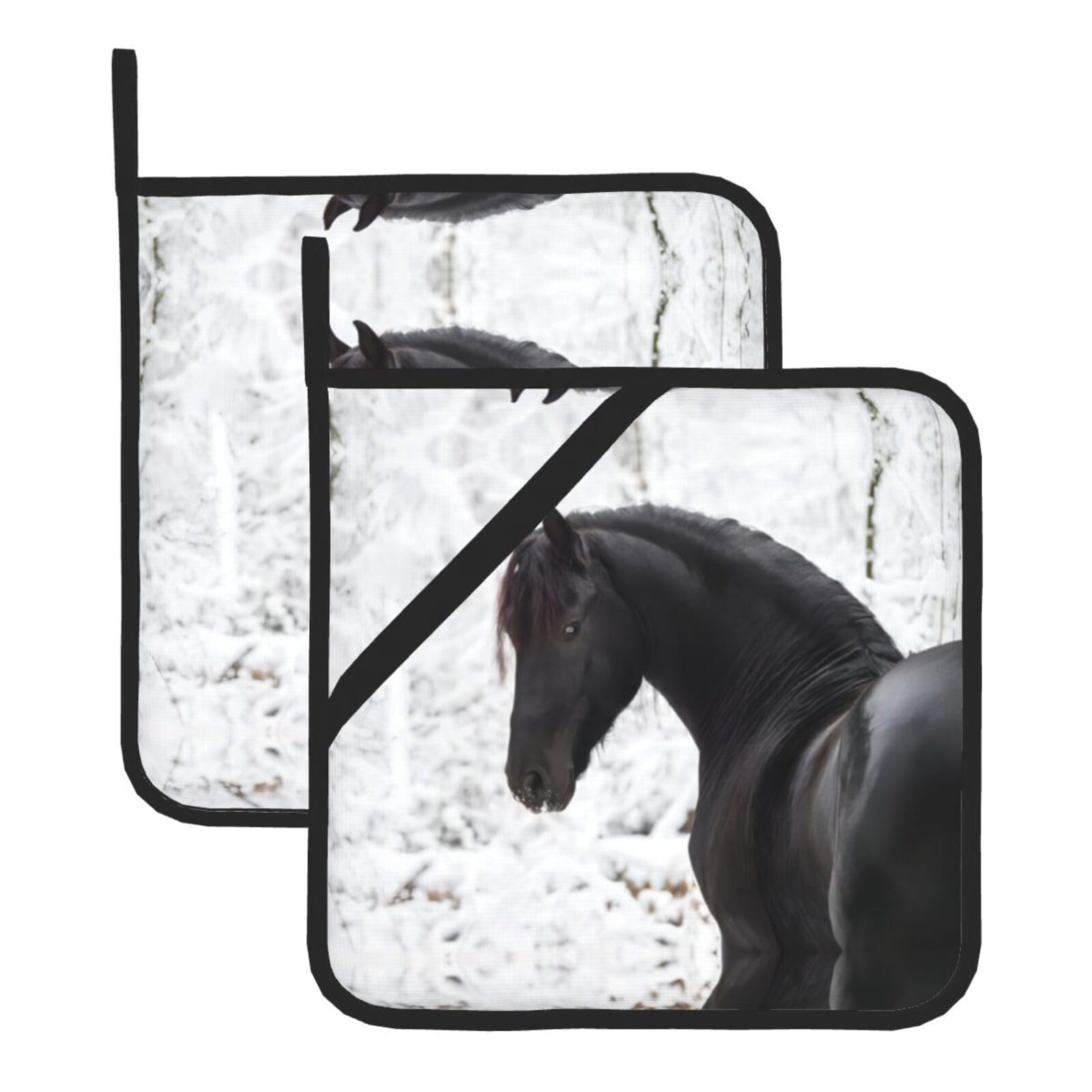 YYHWHJDE Black Friesian Sport Horse Prints Square Hot Pads for Kitchen Counter - Waterproof Pot Holders with Hanging Loop, Durable Trivets for Microwave Oven - 2 Pack