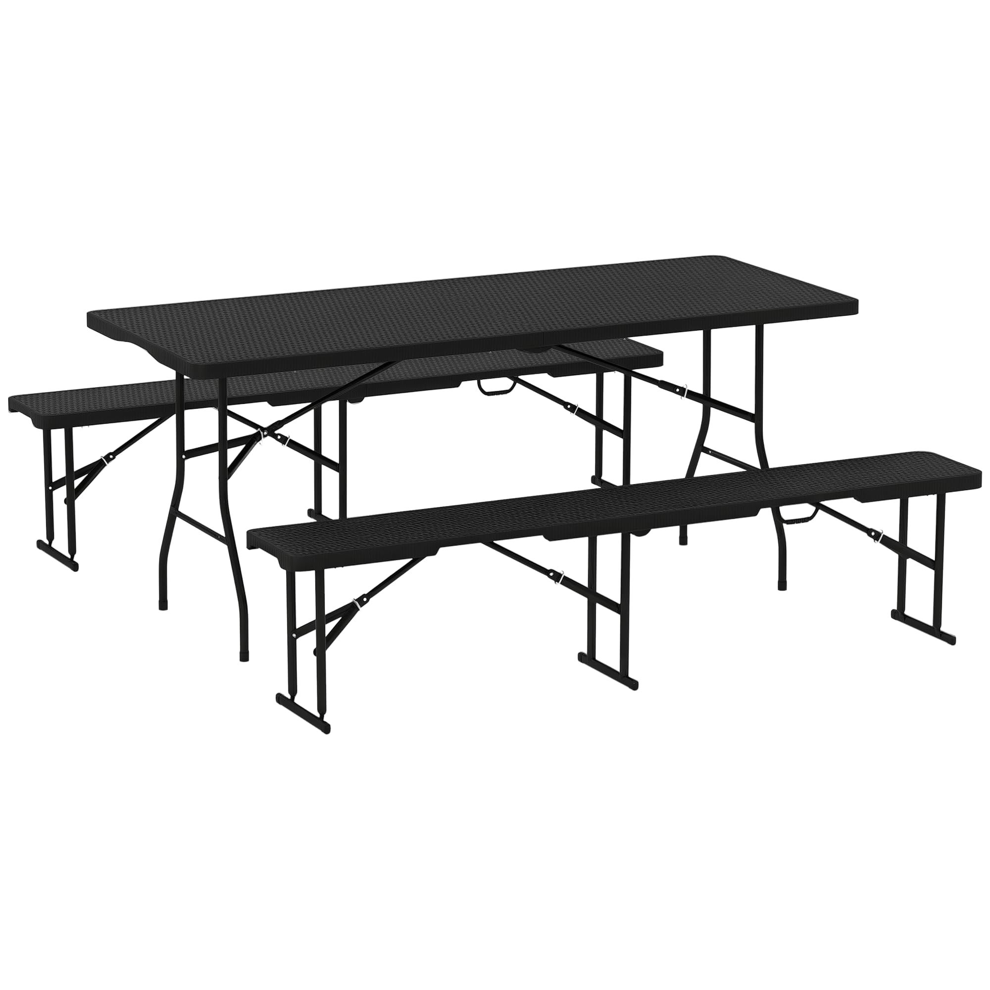 Outsunny Folding Picnic Table and Bench Set, Rattan Effect Portable Camping Table and Chairs with Carrying Handles for Indoor Outdoor, Dining, Camping, Picnic, BBQ, Party, Black