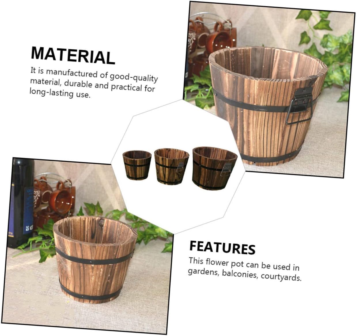 3Pcs Wooden Barrel Pot Rustic Succulent Planters for Decor Wooden Bucket Planters for Indoor and Outdoor Use