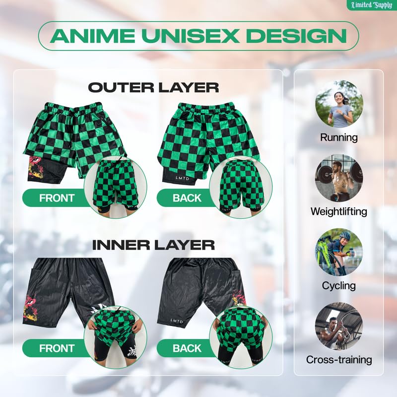 CROWN Anime Shorts - Breathable Mesh Stretch Compression Gym Short with Pockets and Towel Holder (L-GreenT)2