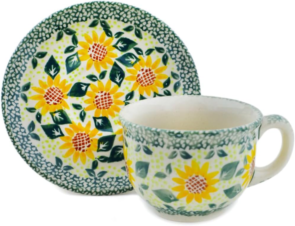 Polmedia Polish Pottery Cup with Saucer - Sunflower Fields Pattern Handmade in Boleslawiec Poland by Ceramika Bona + Certificate of Authenticity