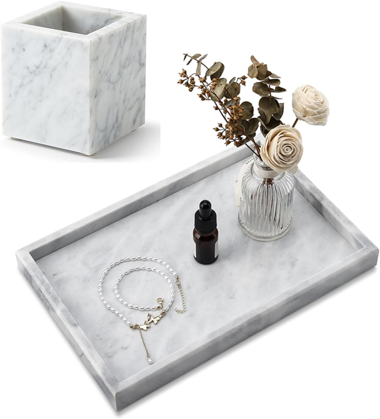 Real Natural Marble Tray & Holder Set - Bathroom Vanity Organizer for Jewelry, Cosmetics, Toothbrush, Pen | Decorative Stone Desktop Tray with Non-Slip Pads