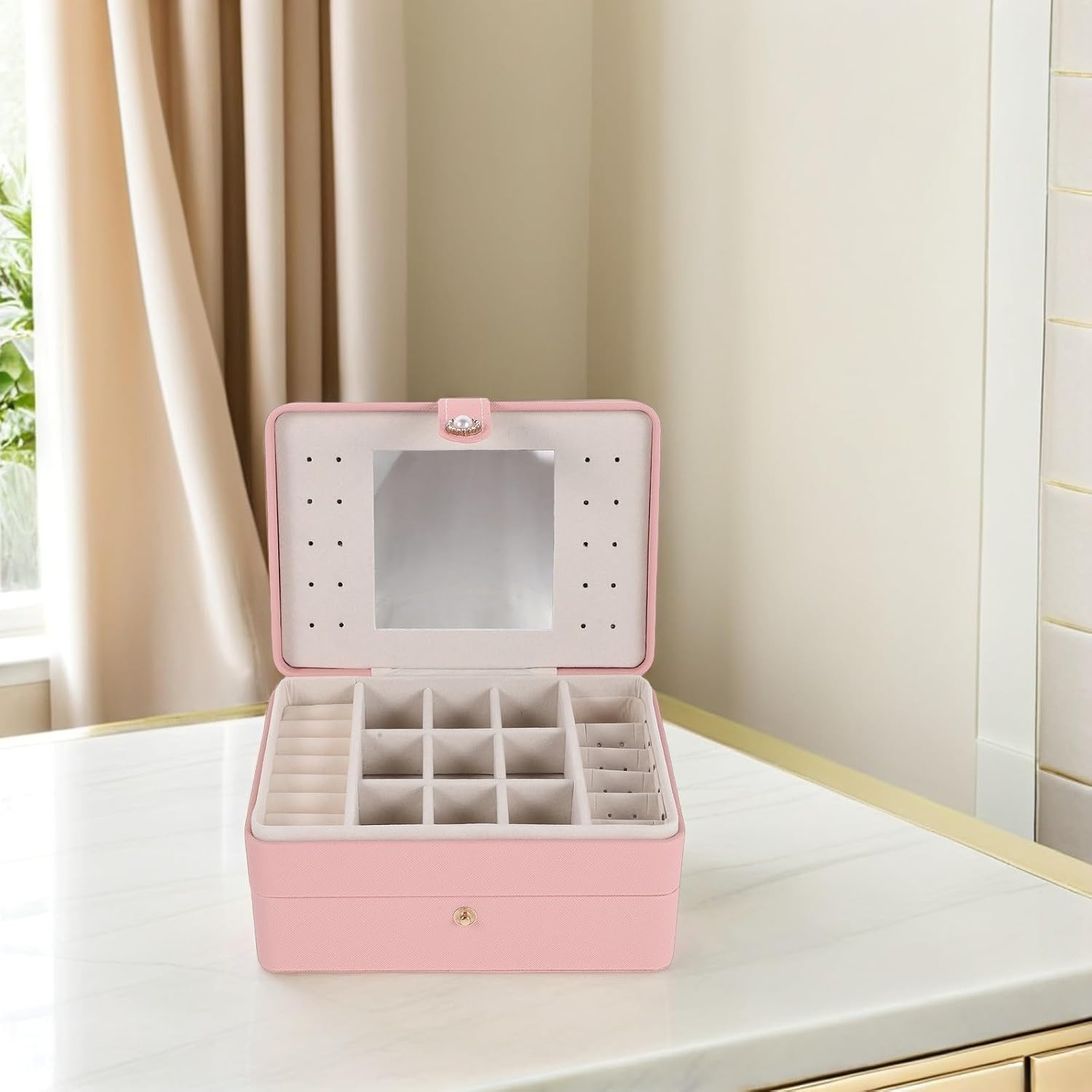Portable Jewelry Storage Case with Mirror, Multilayer Pink Box image 5