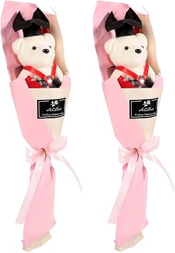 Garneck 2Pcs Graduation Bear Flower Bouquet Pink Plush Stuffed Animal with Artificial Flowers Mini Plush Bear with Grad Cap for 2025 Graduation Party Supplies