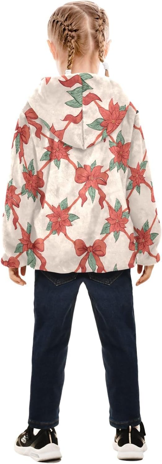 Girls Hoodie Outfit Red Poinsettia Bow Ribbon Pattern Zipper Sweatshirt Coat Fleece Jacket for Kids 3-10T