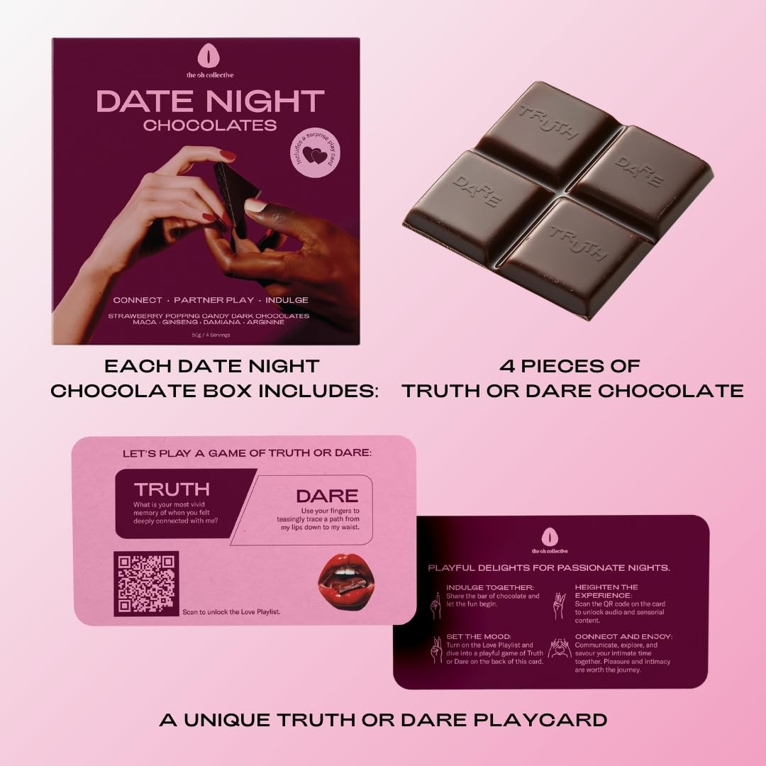 The Oh Collective Date Night Chocolates with Aphrodisiac Herbs Strawberry Popping Candy, Truth or Dare Cards, Couples' Chocolate for Intimacy & Connection - 1 Box - Image 2