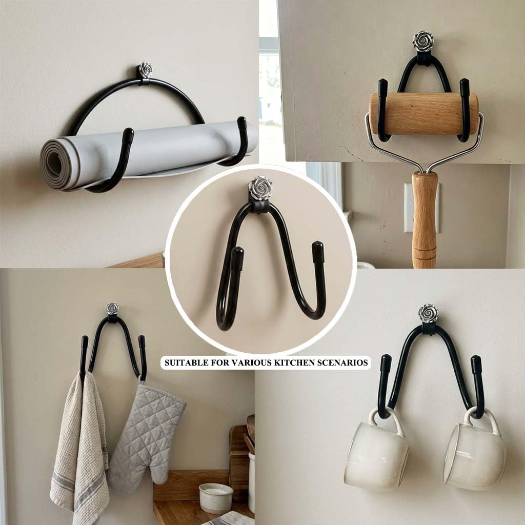 5 Pack Rolling Pin Holder Wall Mount - Adjustable Floral Silver, Heavy-Duty Iron Core, PVC Coated; Fits Pizza, French, Clay, Silicone, Embossed Rolling Pins; Kitchen Accessory