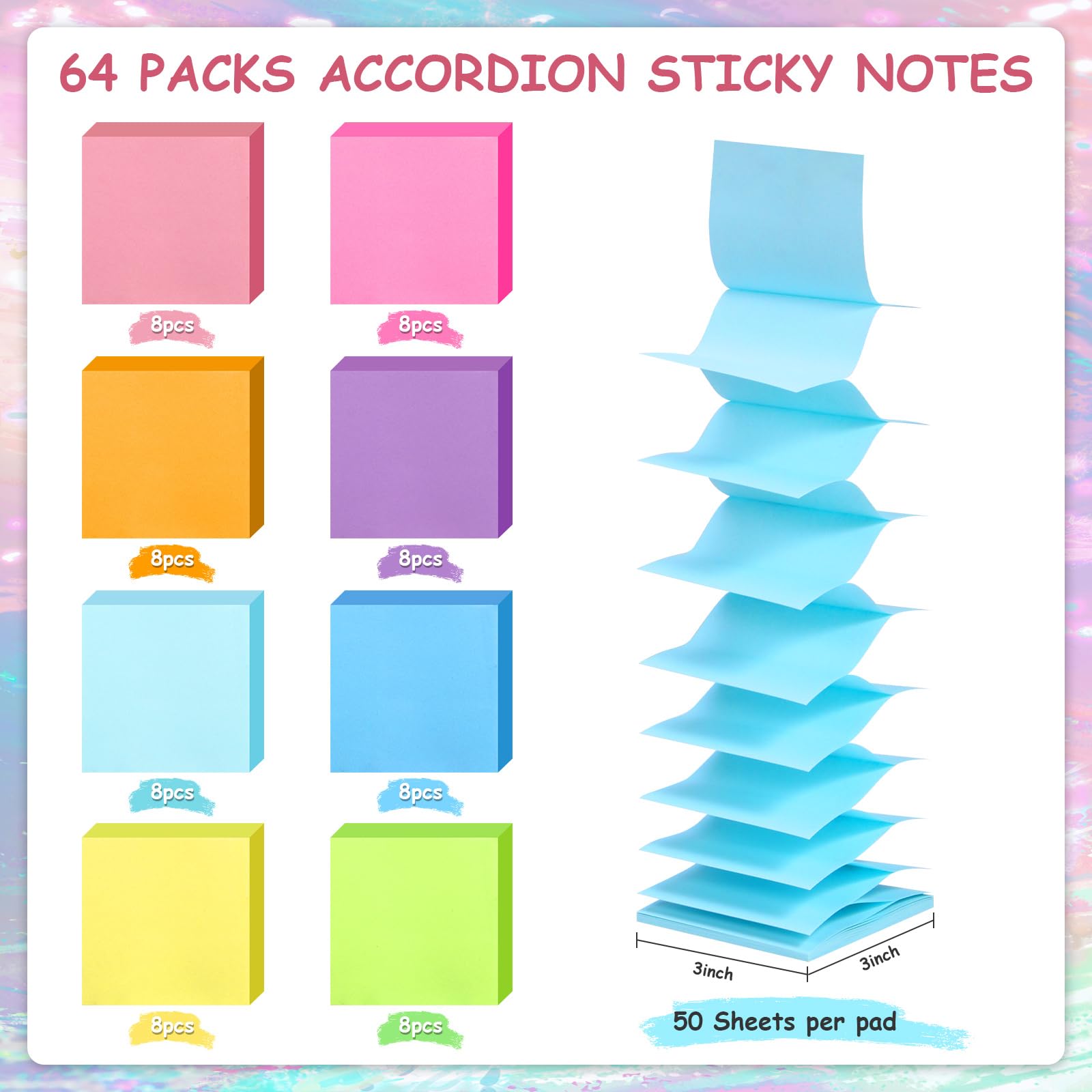 64 Blöcke Pop-Up-Haftnotizen, 7,6 x 7,6 cm, 6 helle Farben, selbstklebende Notizblöcke, 3200 Blatt, bunte Akkordeon-Haftnotizen für Spender, Zuhause, Büro, Meeting, Schulbedarf