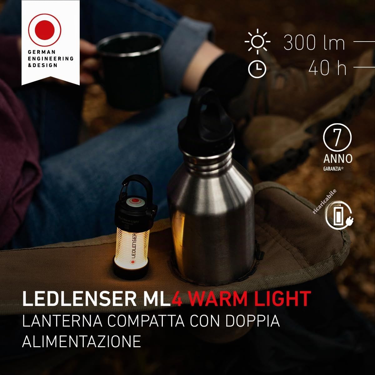 Ledlenser ML4 LED Warm Light Lanterna, Batteria Ricaricabile 14500, 300 Lumen, anabbagliate (Brevettato), Fino a 40 Ore di autonomia, Luce Rossa, Possibile Uso con 1 Batteria AA,moschettone, Outdoor