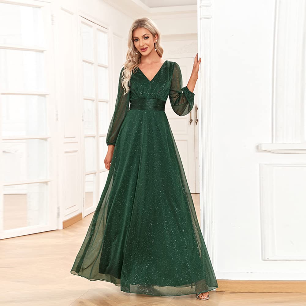 Vestido de noche para mujer, cuello en V, lentejuelas, manga larga, línea A, elegante, de gasa, vestido de fiesta, vestido de cóctel, vestido de otoño, corte ajustado, con cinturón, vestido de baile,