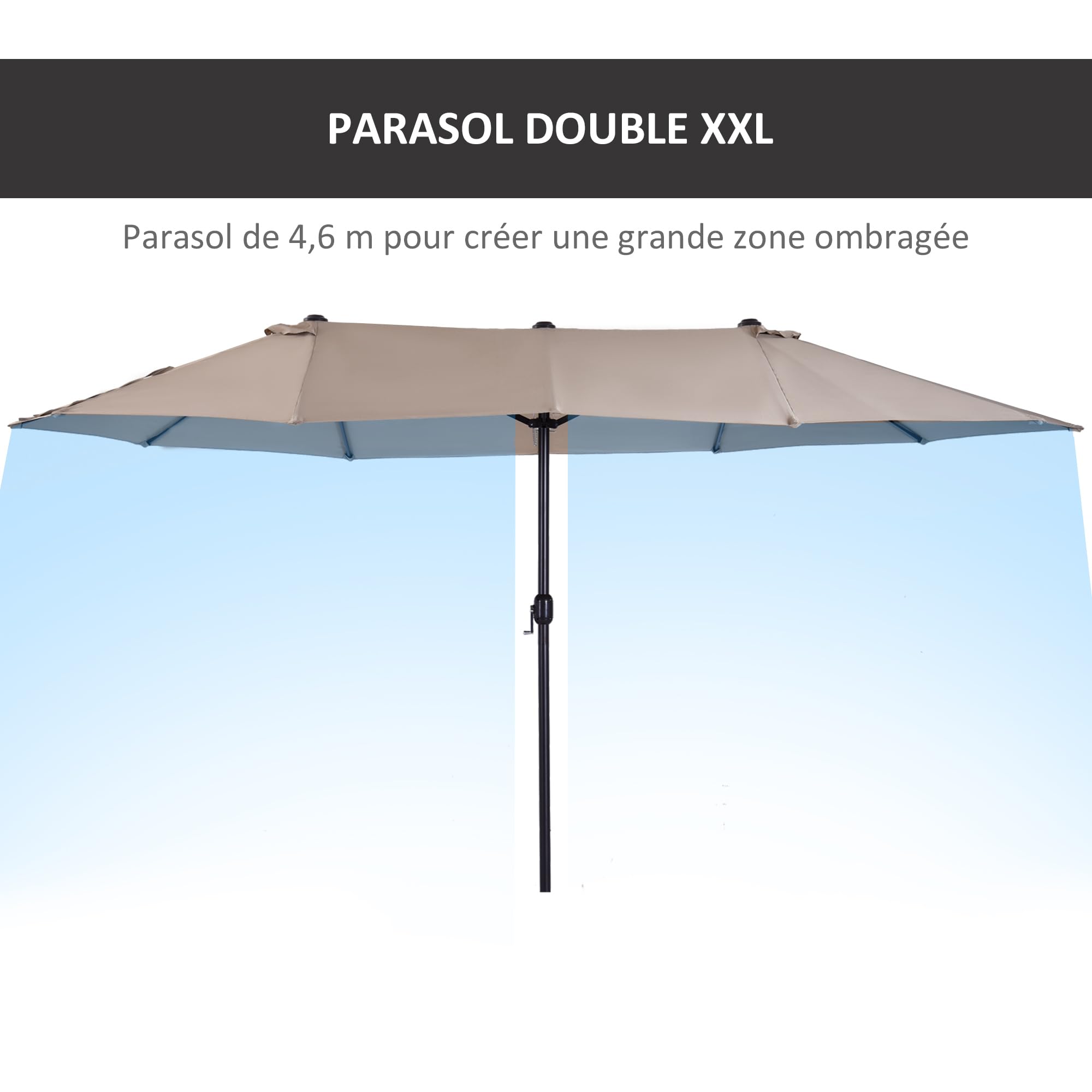 Outsunny Parasol de jardin exterieur parasol double rectangulaire 4,6L x 2,7l x 2,4H m avec ouverture fermeture manivelle, cadre en acier, toile 180 g/m², parasol pour balcon, piscine, marron